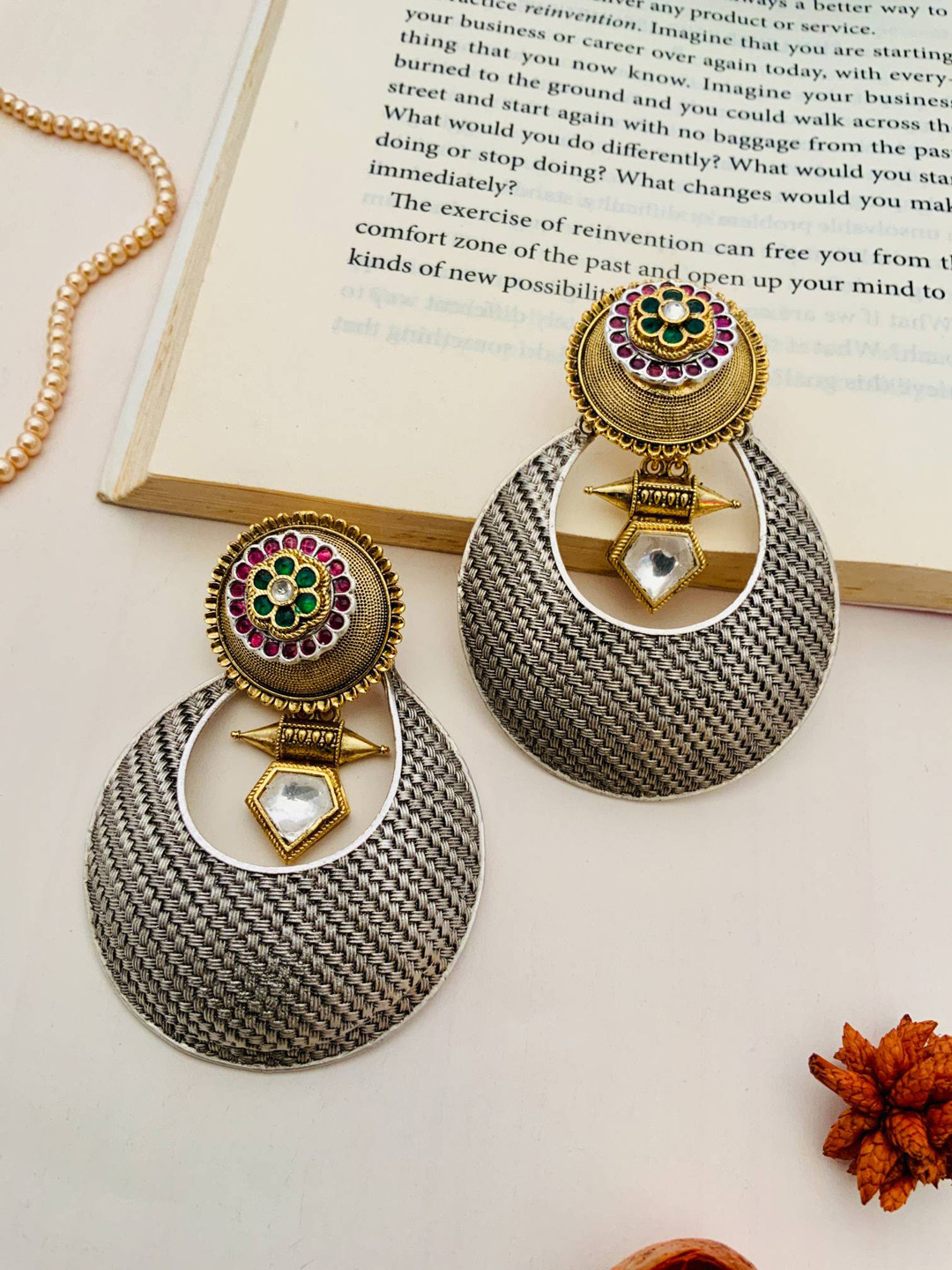 

ABDESIGNS Gold-Plated Stone Studded Oxidised Classic Drop Earrings