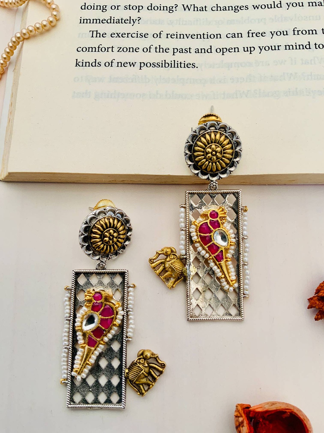 

ABDESIGNS Gold-Plated Stone-Studded & Beaded Classic Oxidised Drop Earrings