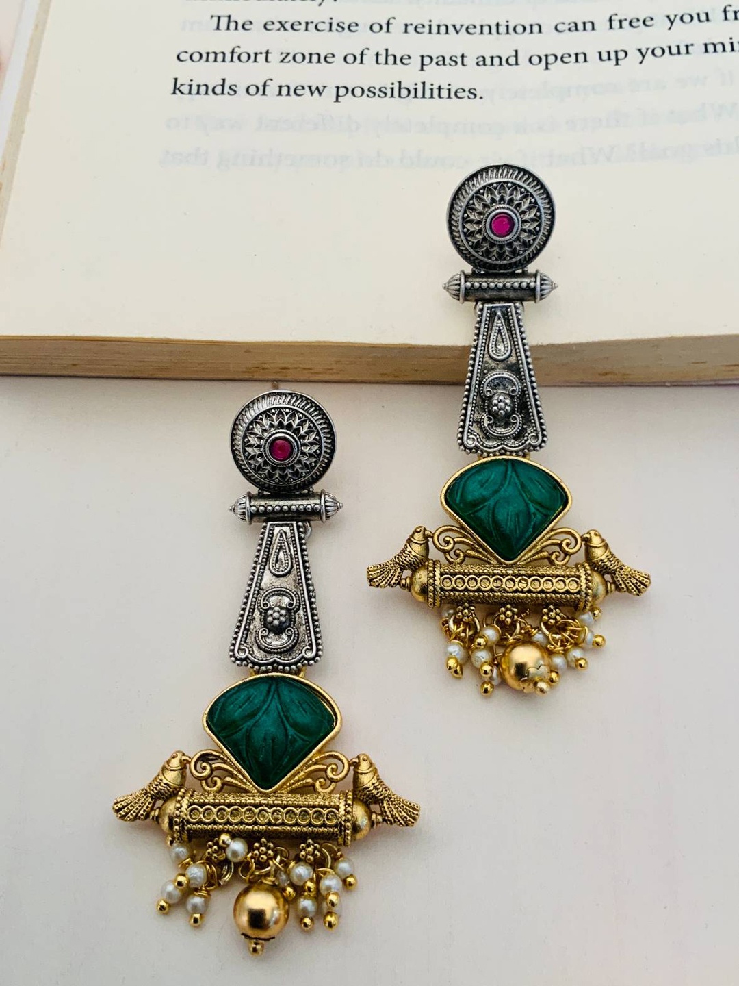

ABDESIGNS Gold-Plated Stone Studded & Beaded Classic Drop Earrings