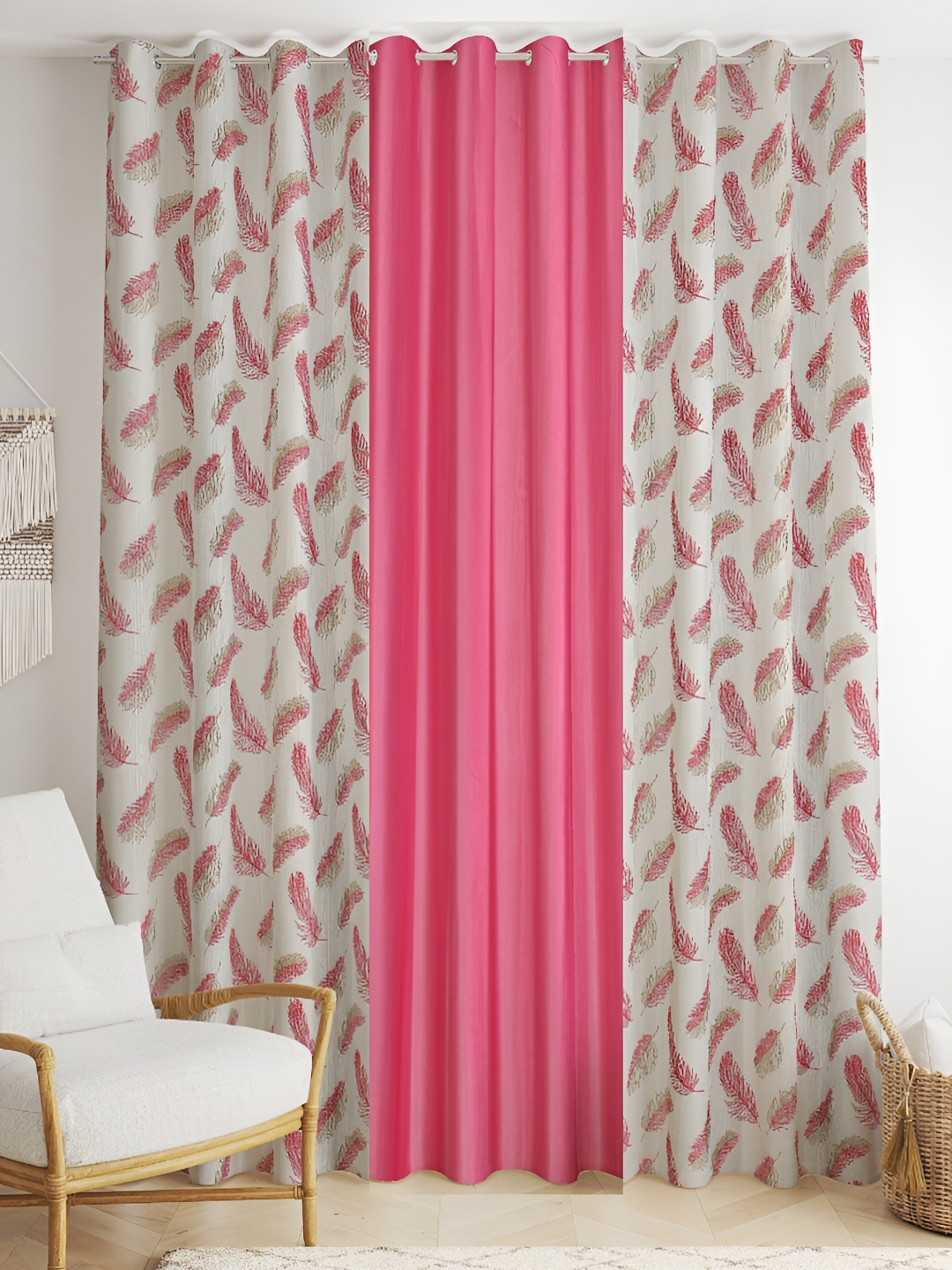 

stuffique Pink 3 Pcs Printed Window Curtains