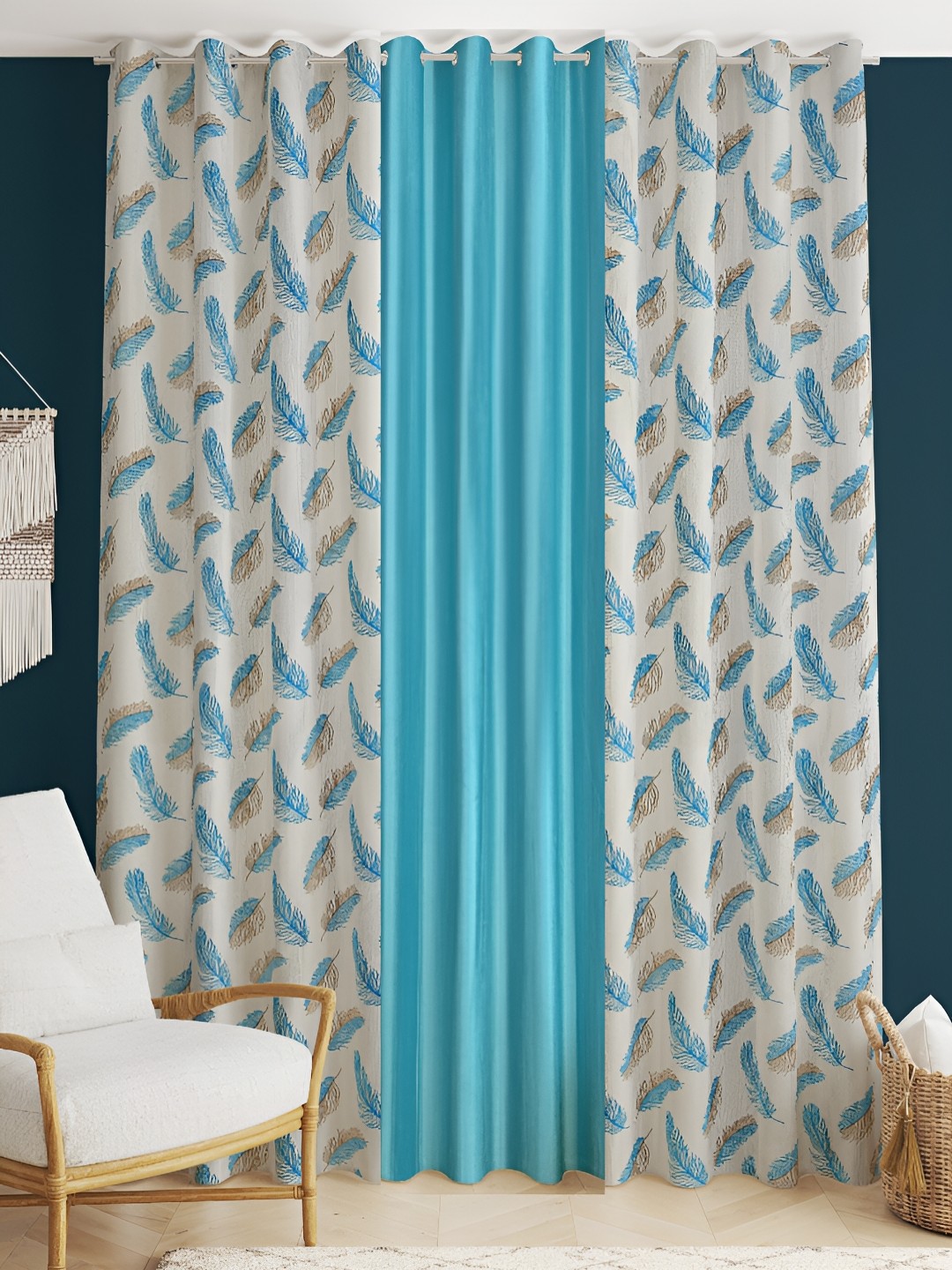

stuffique Teal 3 Pcs Printed Window Curtains