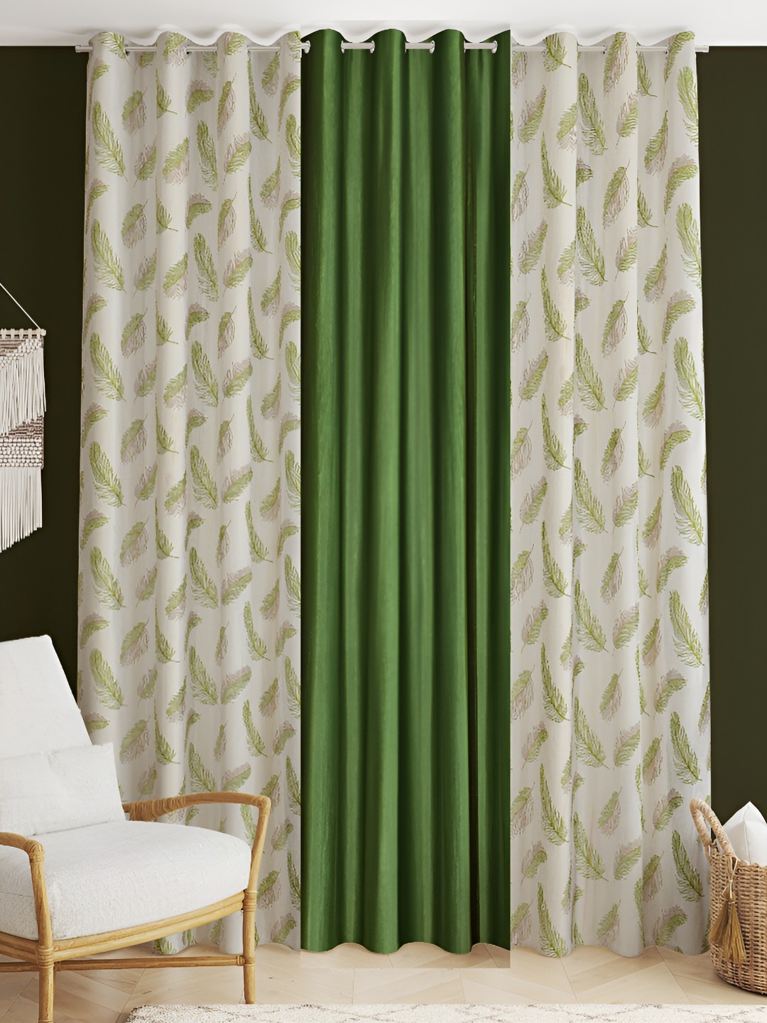 

stuffique Green 3 Pcs Printed Window Curtains