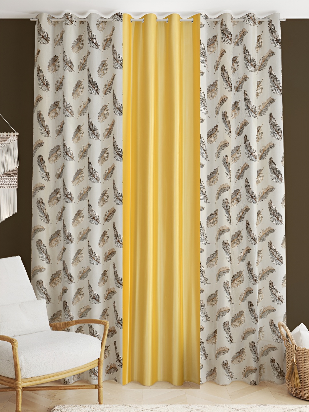 

stuffique Yellow 3 Pcs Printed Window Curtains