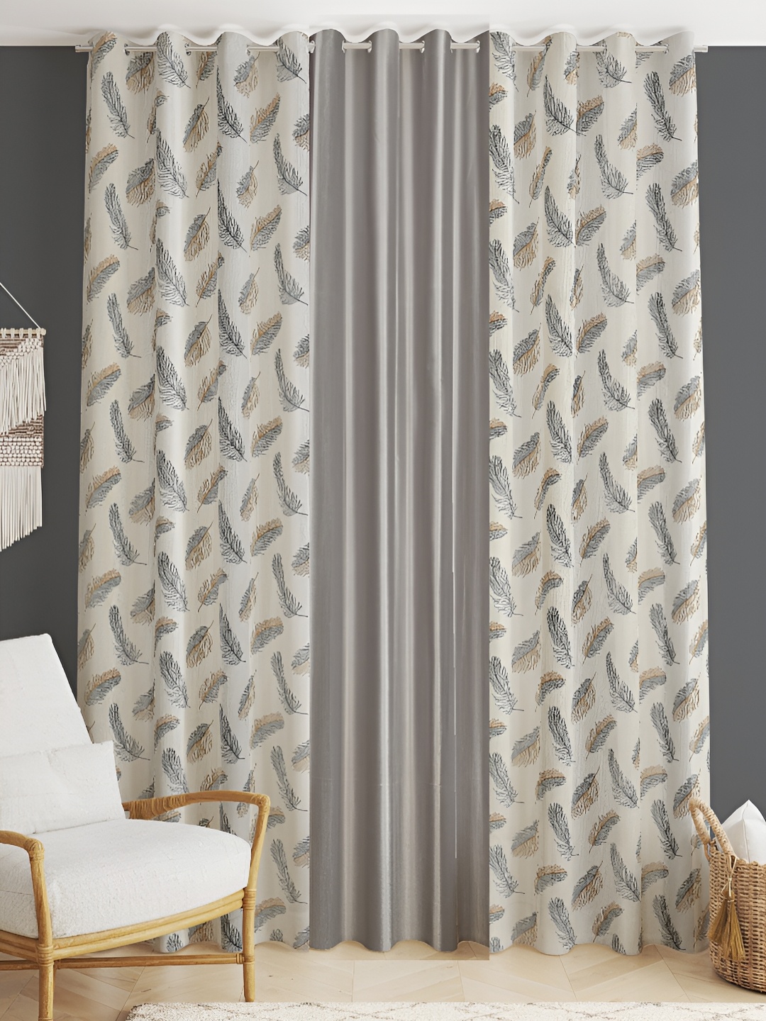 

stuffique Grey 3 Pcs Printed Long Door Curtains