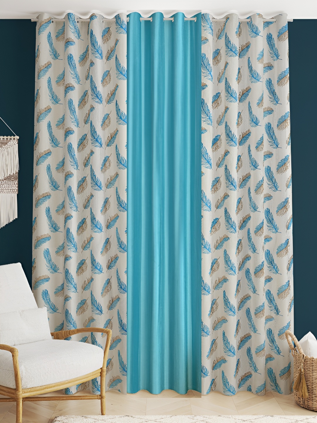 

stuffique Teal 3 Pcs Printed Long Door Curtains