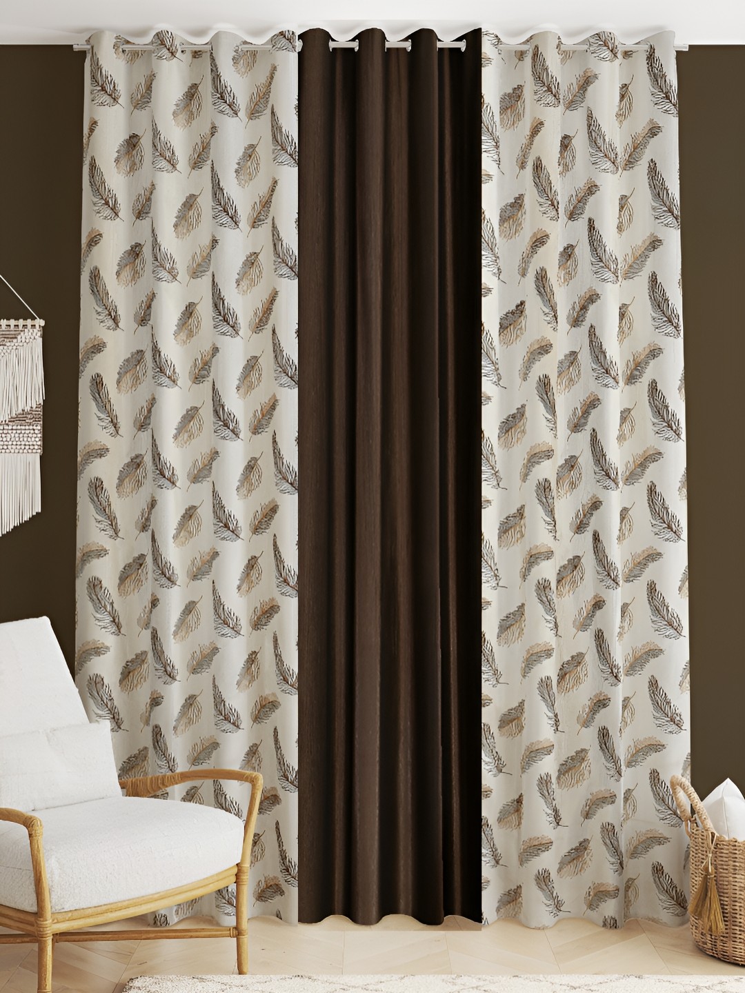 

stuffique Brown 3 Pcs Printed Window Curtains