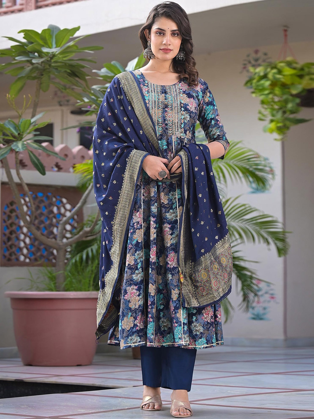 

Peachmode Floral Foil Printed Chanderi Silk Anarkali Kurta with Trousers & Dupatta, Navy blue