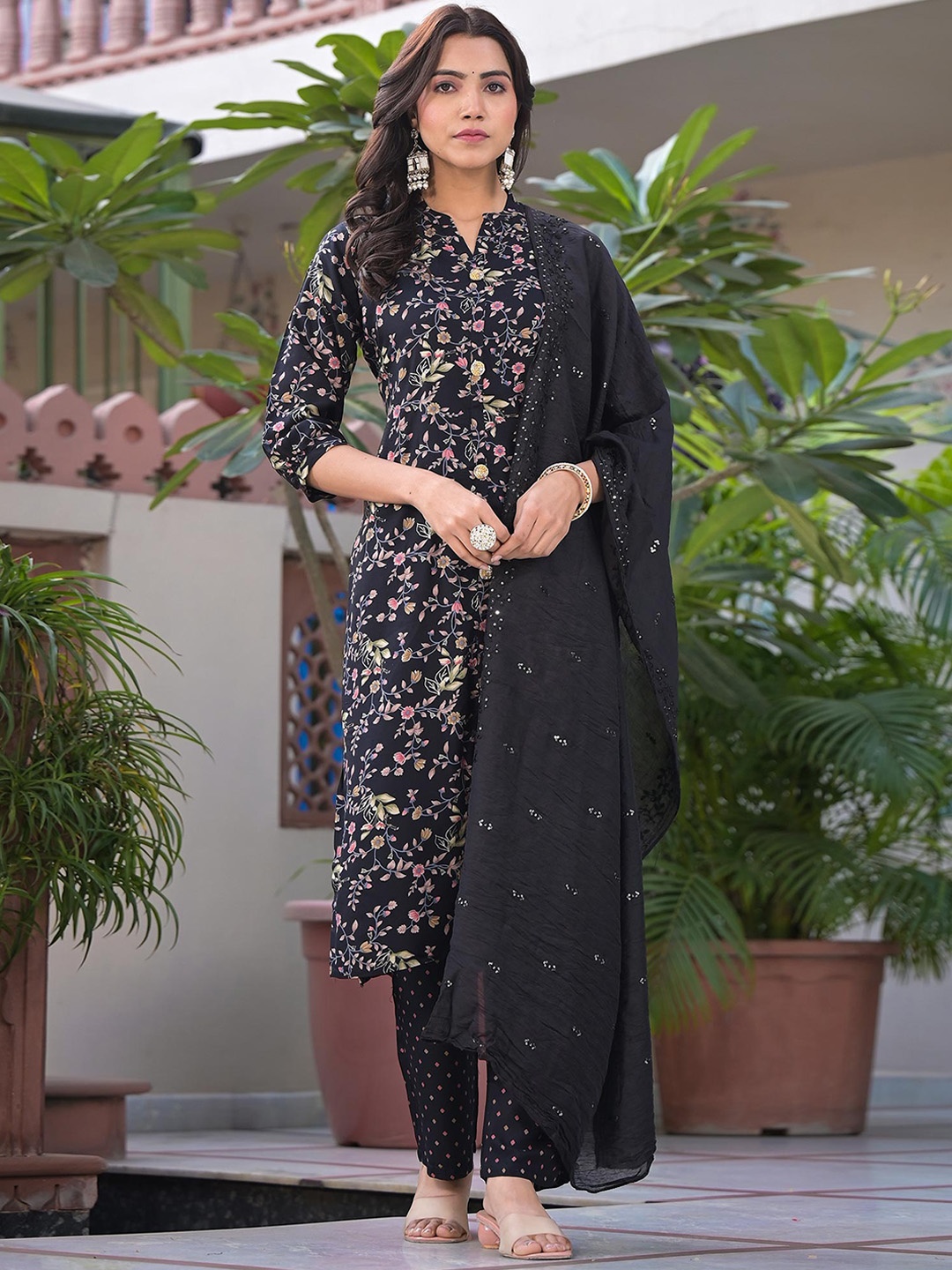 

Peachmode Floral Foil Printed Sequinned Pure Cotton Kurta with Trousers & With Dupatta, Black
