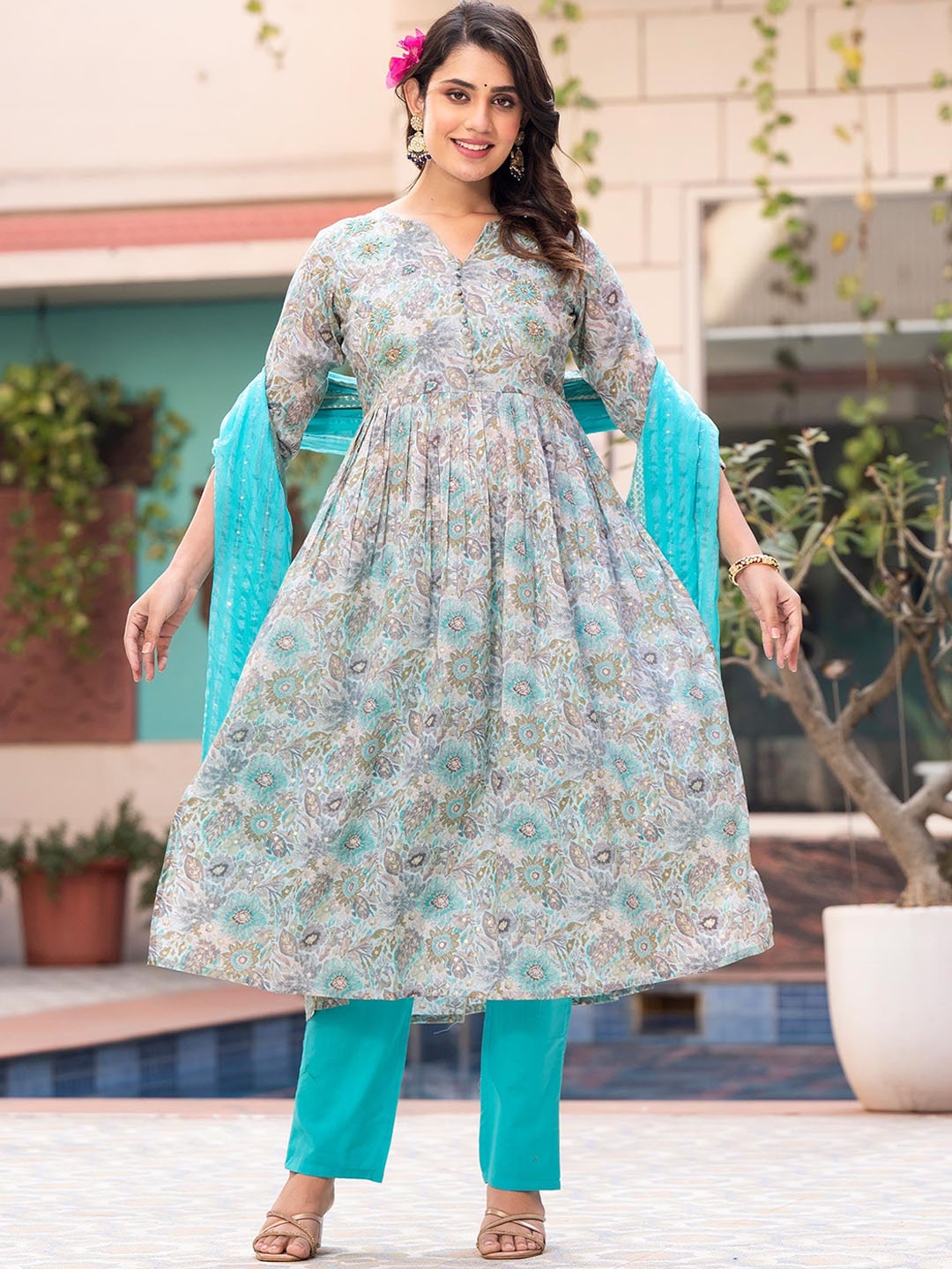 

Peachmode Floral Printed Pure Cotton Kurta with Trousers & With Dupatta, Turquoise blue