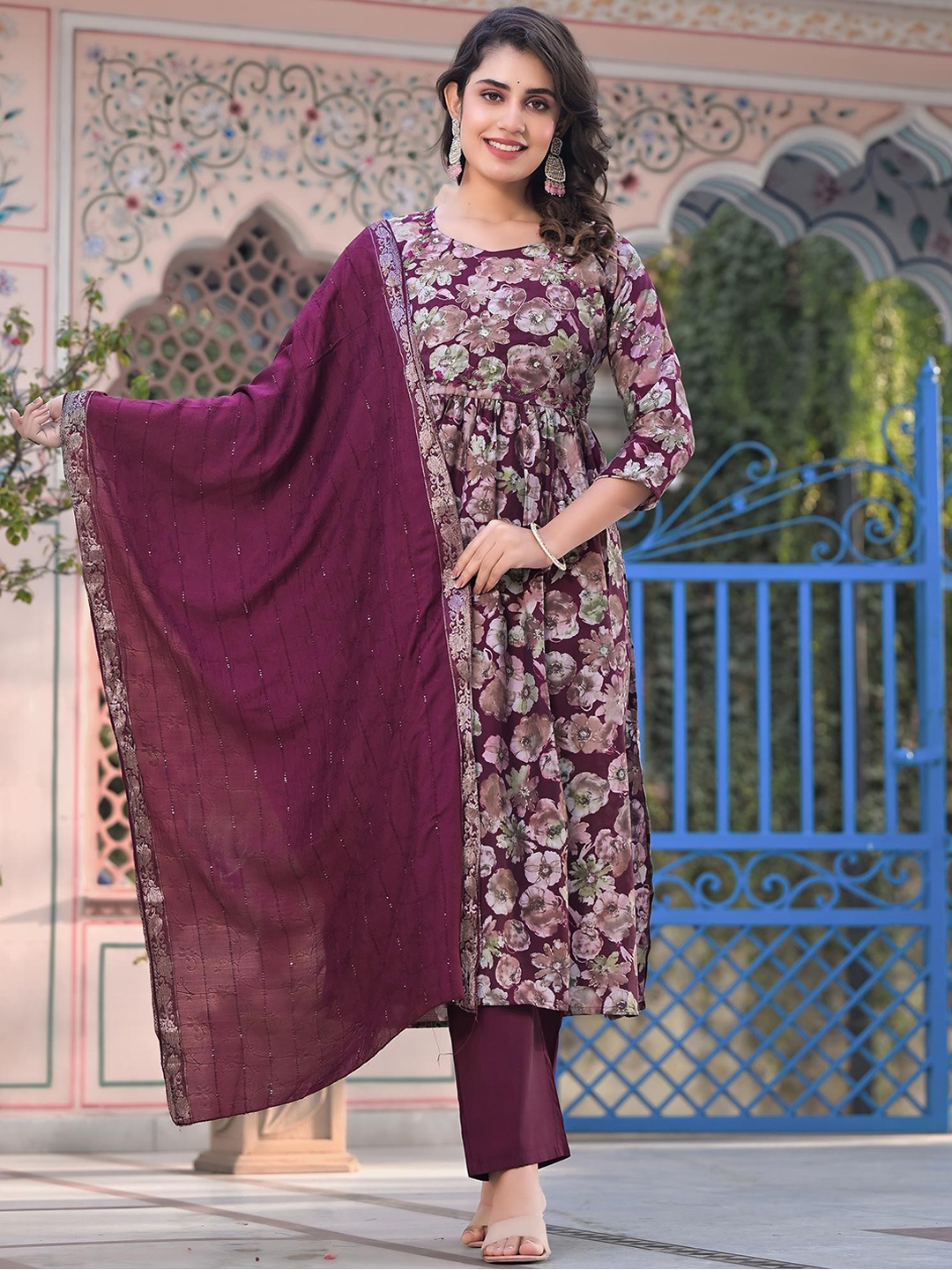 

Peachmode Floral Printed Beads and Stones Chanderi Silk Kurta with Trousers & Dupatta, Purple