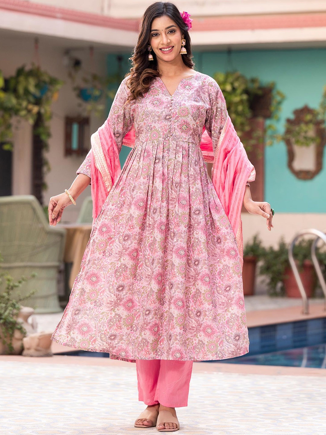 

Peachmode Women Floral Printed Pleated Sequinned Pure Cotton Kurta with Trousers & With Dupatta, Pink