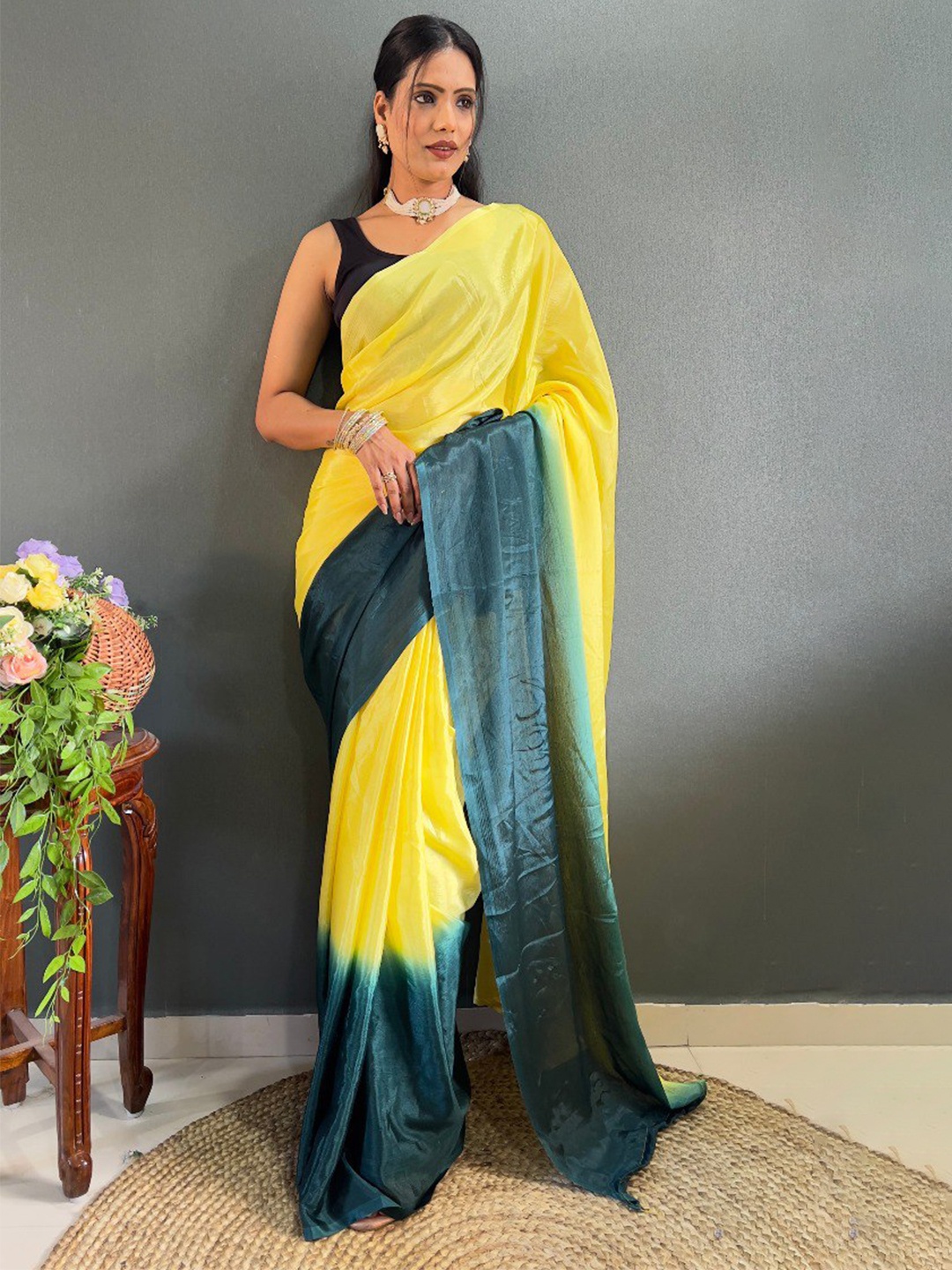 

VEERAX Ombre Printed Pure Chiffon Ready to Wear Saree, Yellow