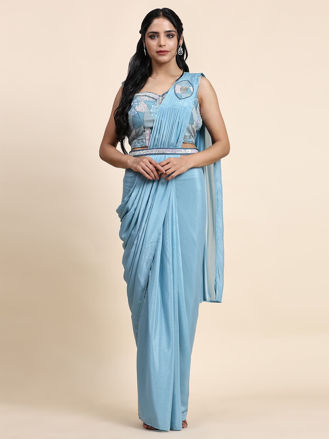 

AMOHA TRENDZ Beads and Stones Ready to Wear Satin Saree, Turquoise blue