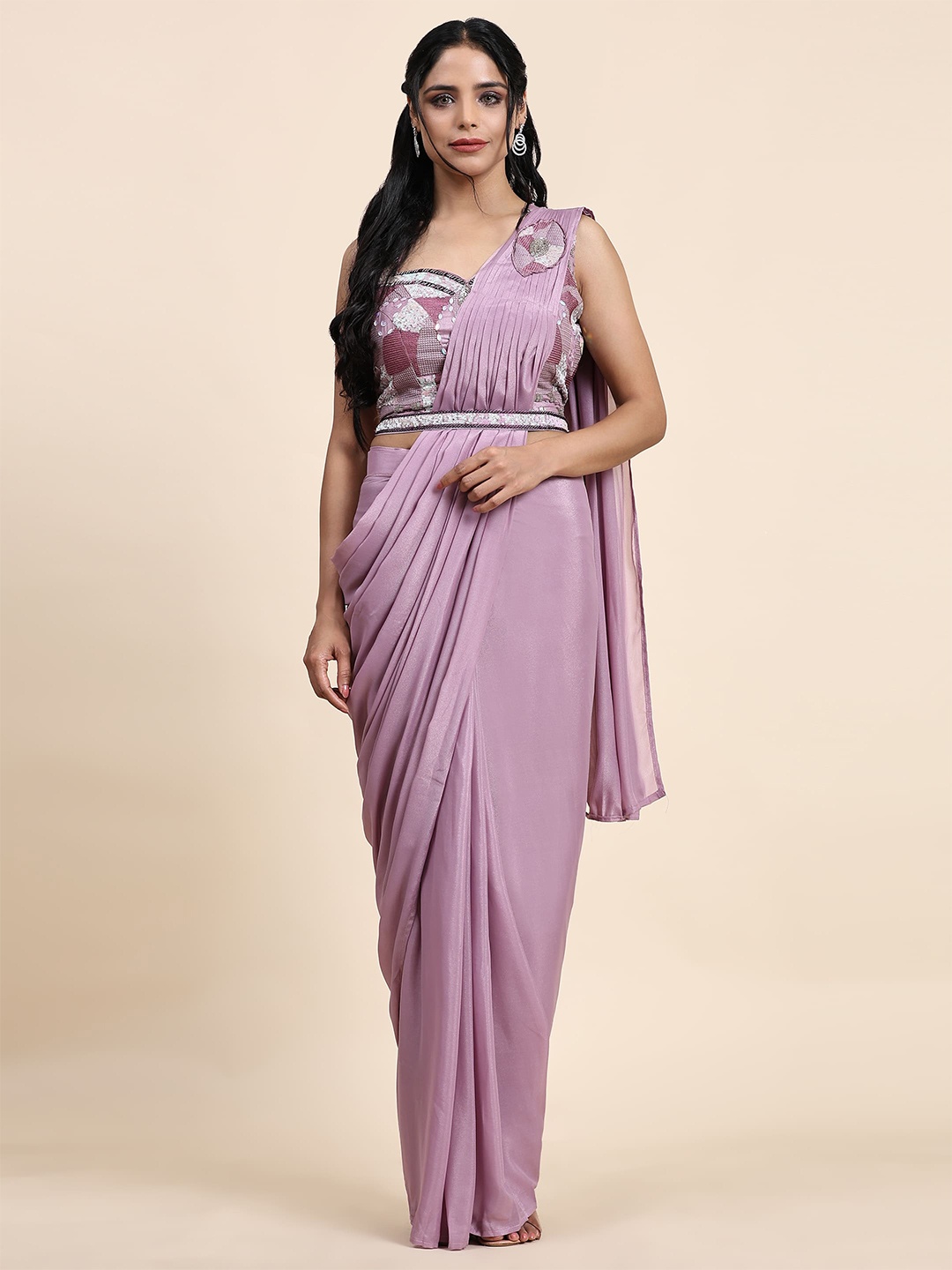 

AMOHA TRENDZ Beads and Stones Ready to Wear Satin Saree, Pink