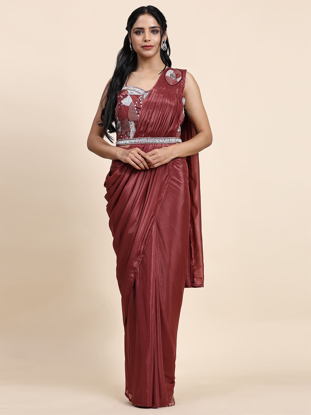 

AMOHA TRENDZ Ready to Wear Satin Saree, Rust