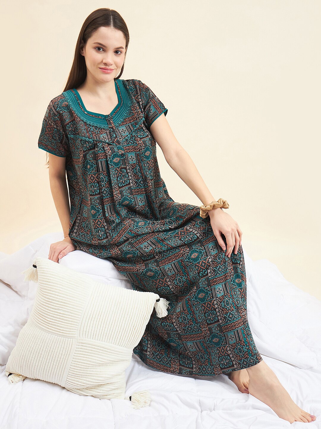 

Sweet Dreams Printed Pure Cotton Maxi Nightdress, Green