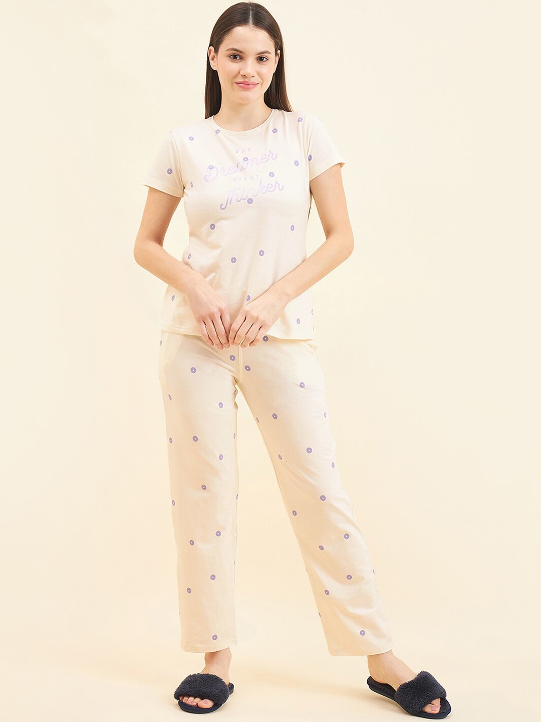 

Sweet Dreams Beige Conversational Printed Pure Cotton Night suit