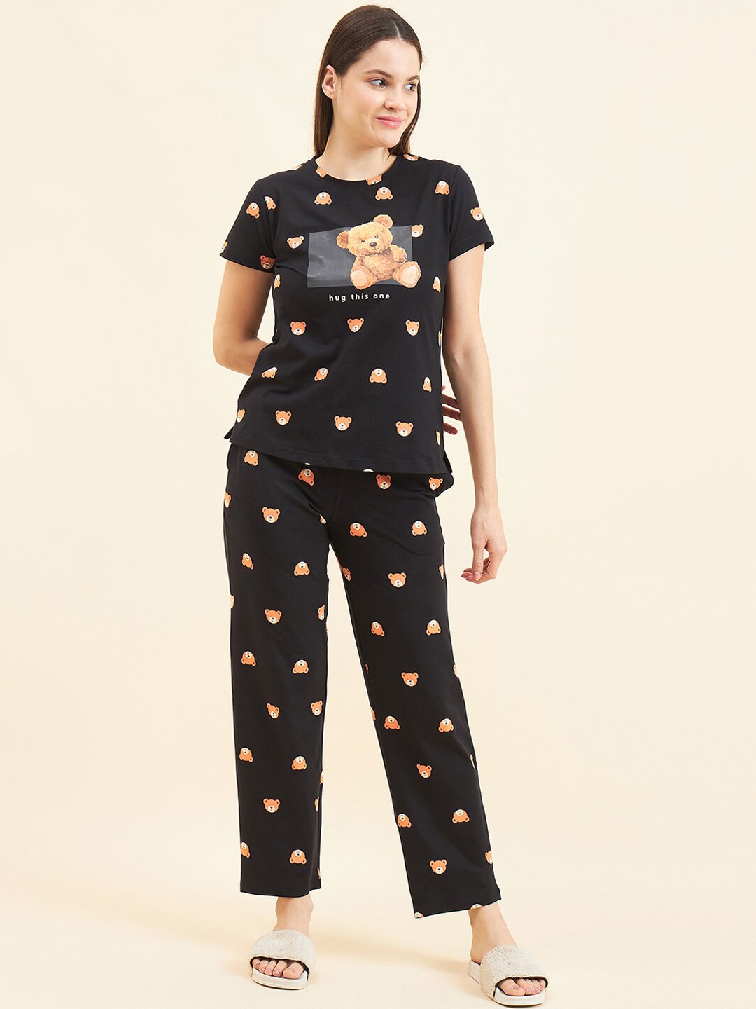 

Sweet Dreams Graphic Printed Pure Cotton Night suit, Black