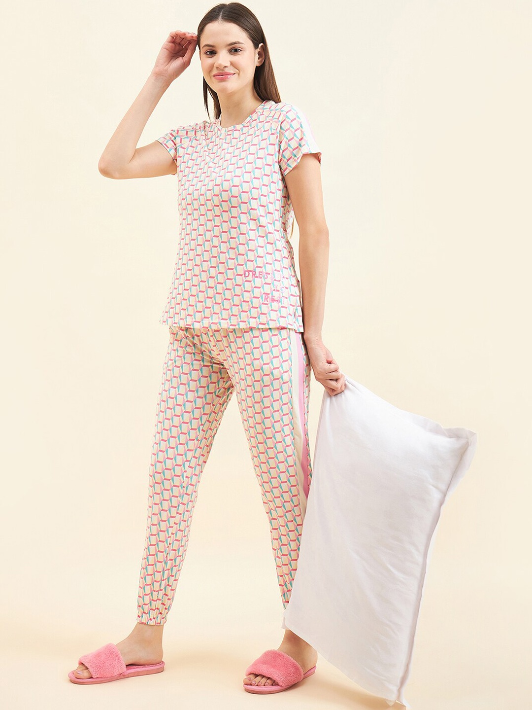 

Sweet Dreams Pink Geometric Printed Pure Cotton Night suit