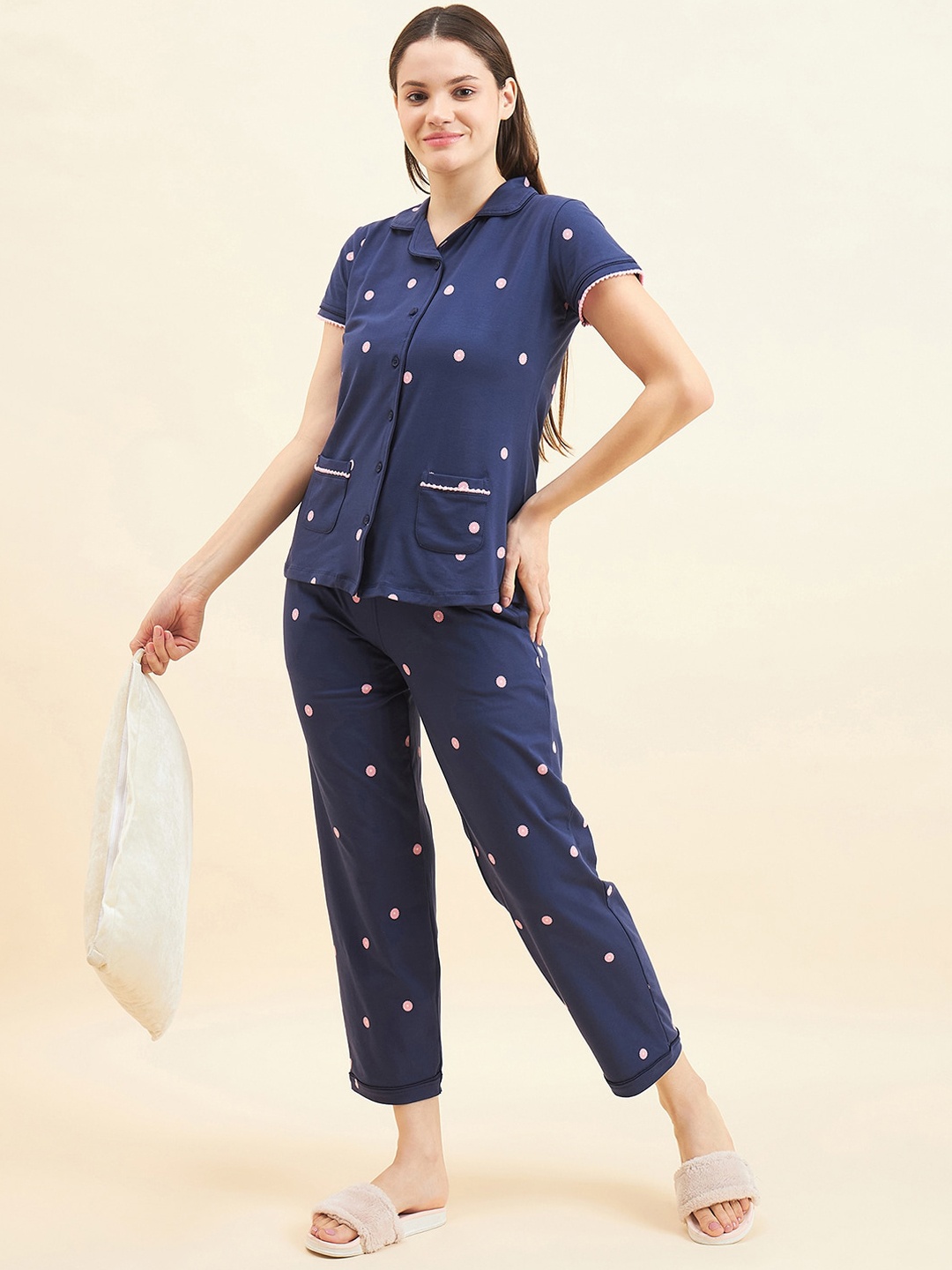 

Sweet Dreams Floral Printed Lapel Collar Pure Cotton Shirt With Trouser, Navy blue