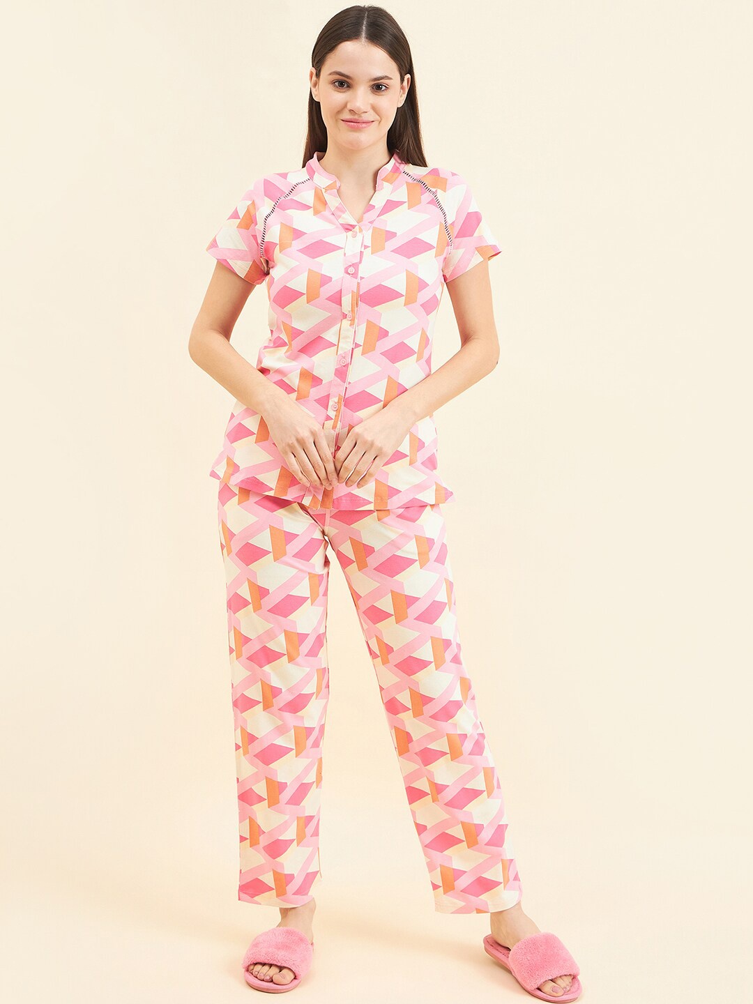 

Sweet Dreams Geometric Printed Lapel Collar Pure Cotton Shirt With Trouser, Pink