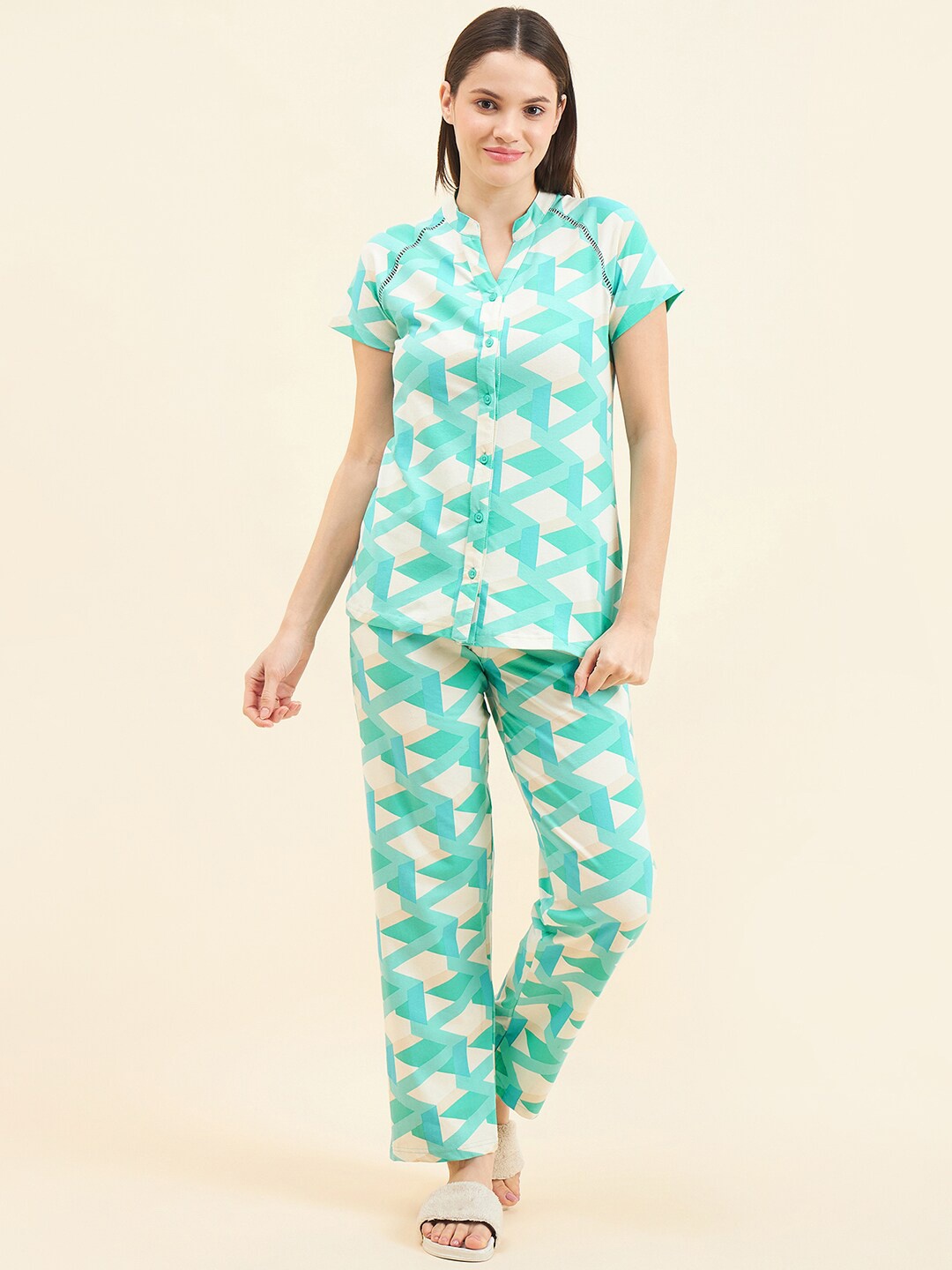 

Sweet Dreams Geometric Printed Lapel Collar Pure Cotton Shirt With Trouser, Blue