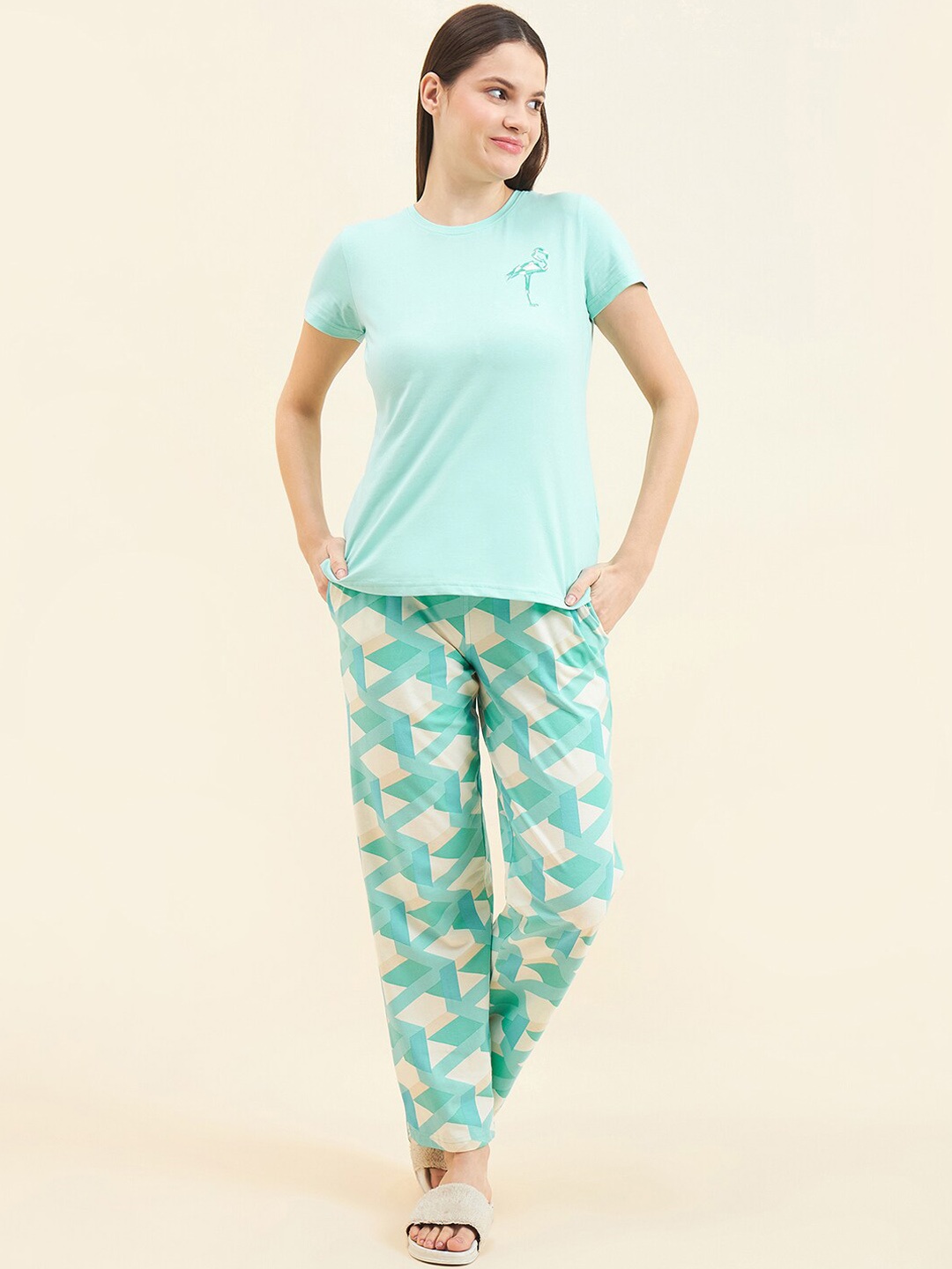 

Sweet Dreams Geometric Printed Pure Cotton T-shirt With Trouser, Sea green
