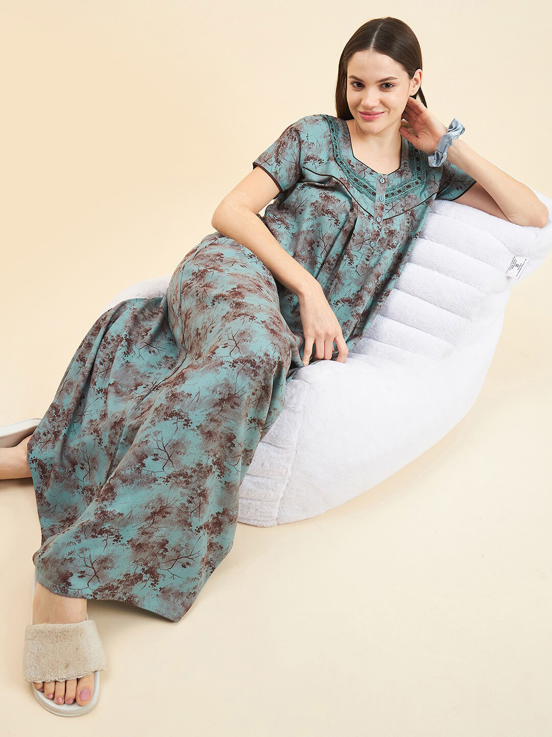 

Sweet Dreams Green Floral Printed Pure Cotton Maxi Nightdress