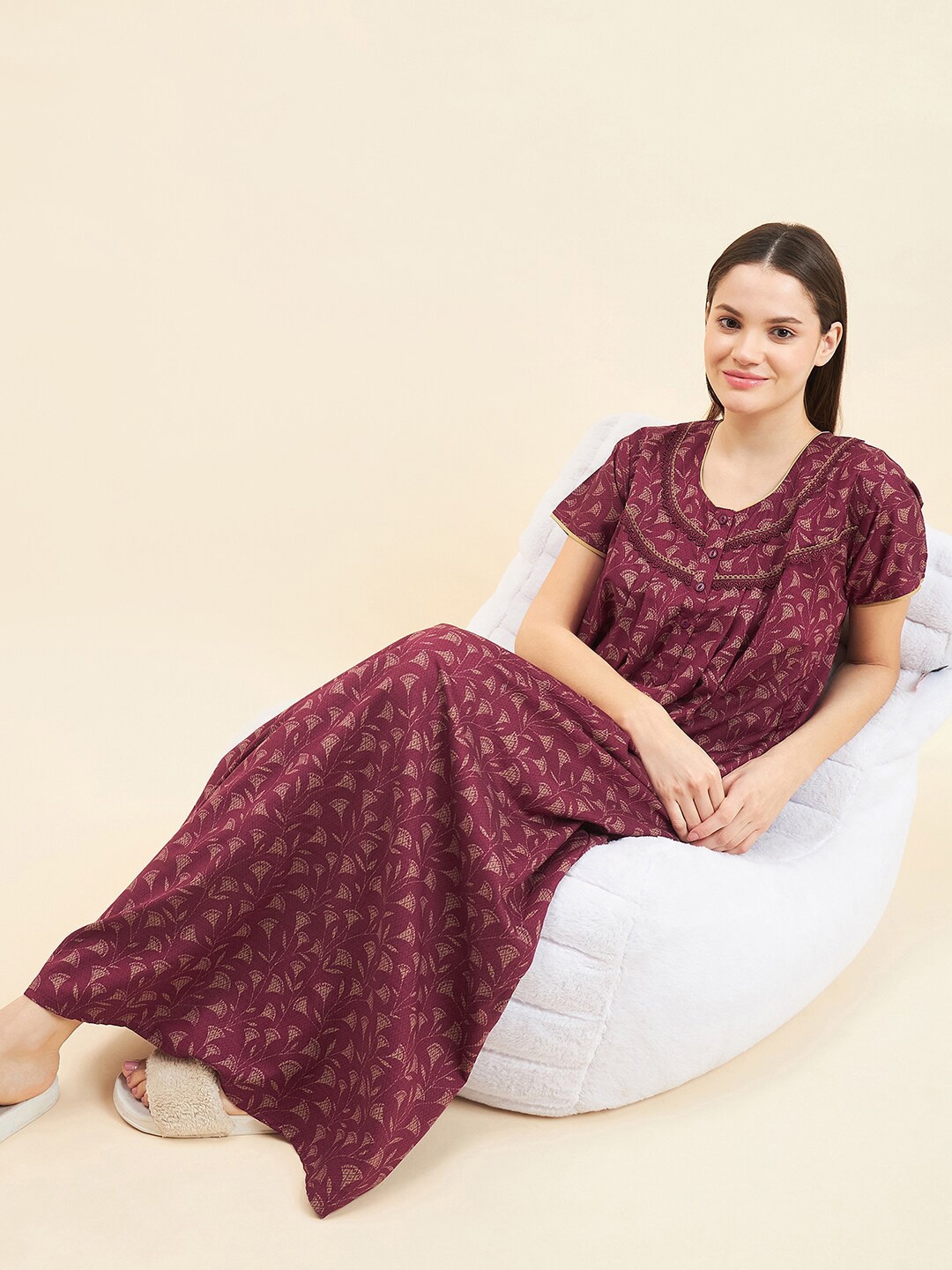 

Sweet Dreams Purple Floral Printed Pure Cotton Maxi Nightdress, Maroon