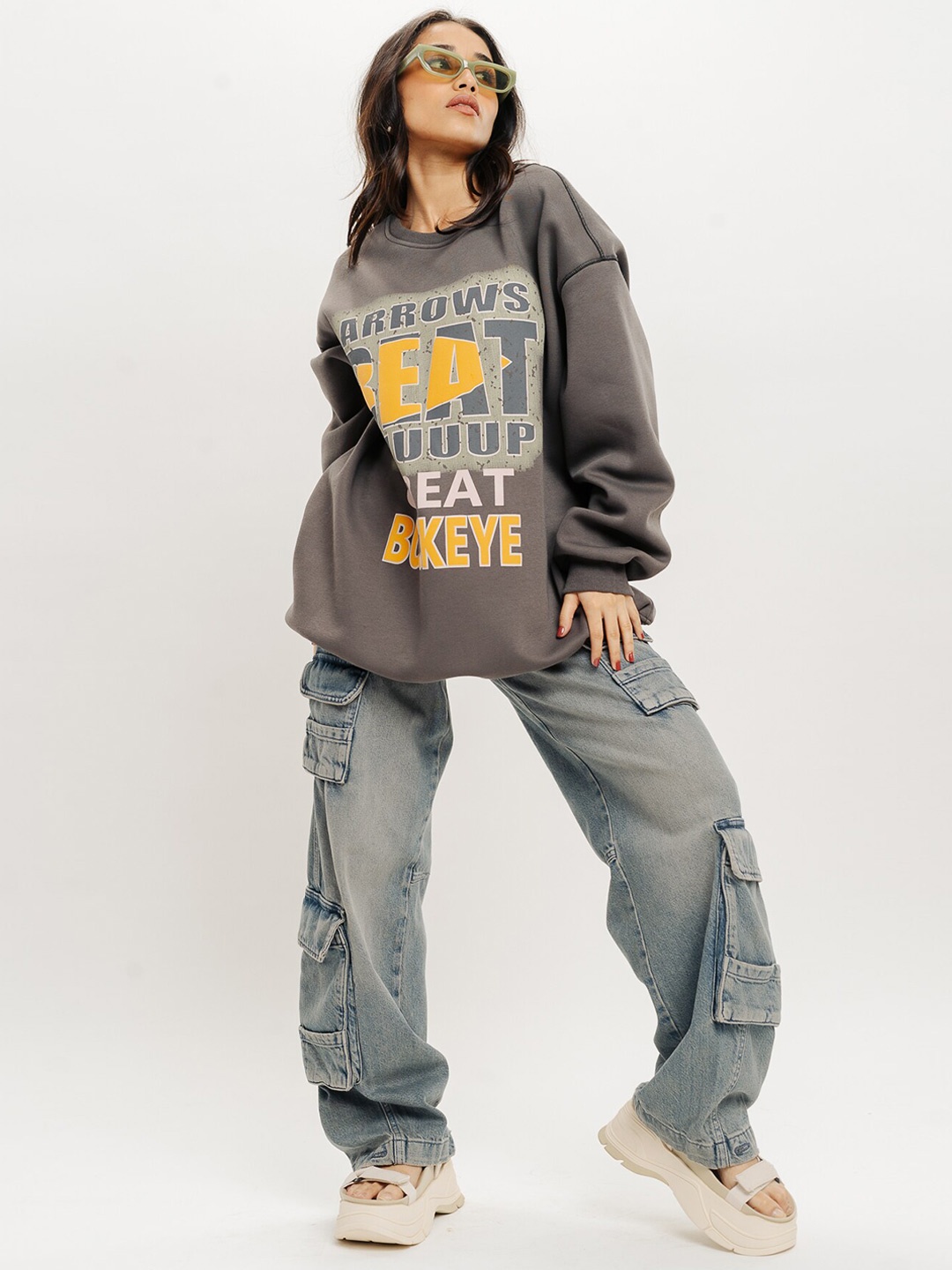 

FREAKINS Typography Printed Hooded Ribbed Oversized Pullover Sweatshirt, Grey