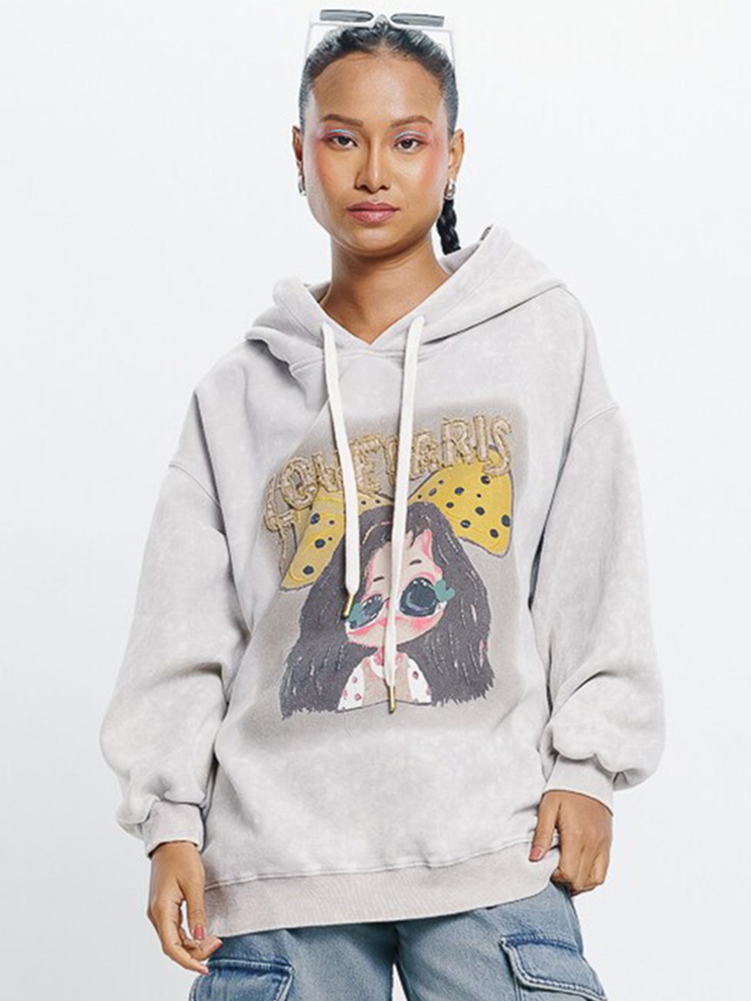 

FREAKINS Graphic Printed Hooded Pure Cotton Oversized Pullover Sweatshirt, Grey
