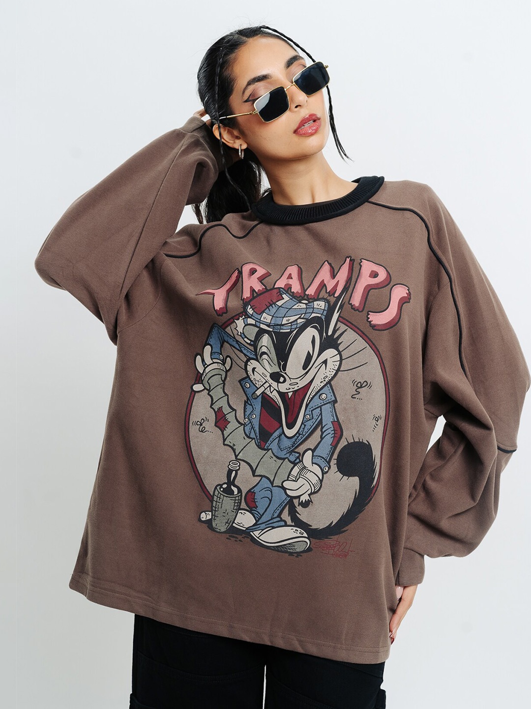 

FREAKINS Graphic Printed Pure Cotton Oversized Pullover Sweatshirt, Brown