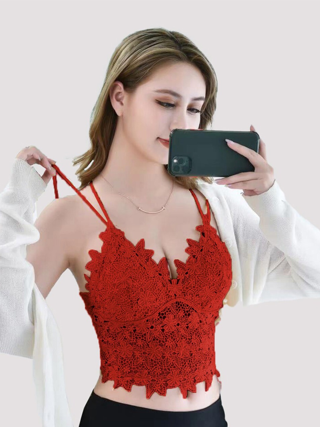 

VAGHBHATT Floral Bralette Bra Half Coverage Lightly Padded, Red