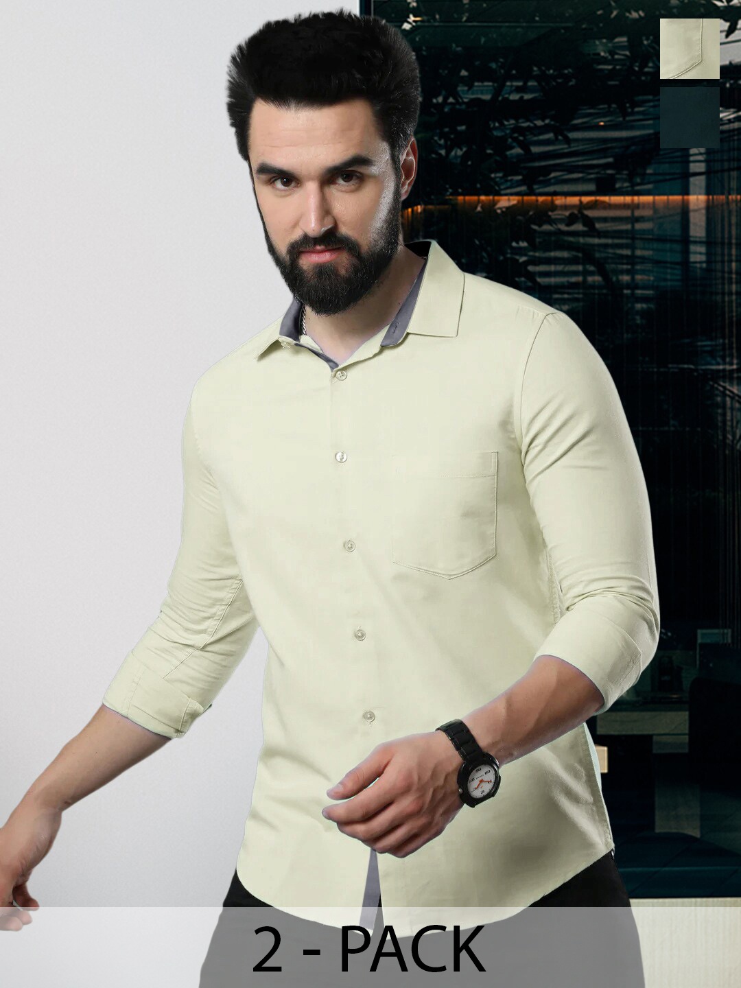 

Tee Projekt Standard Pack of 2 Spread Collar Long Sleeves Cotton Formal Shirt, Cream