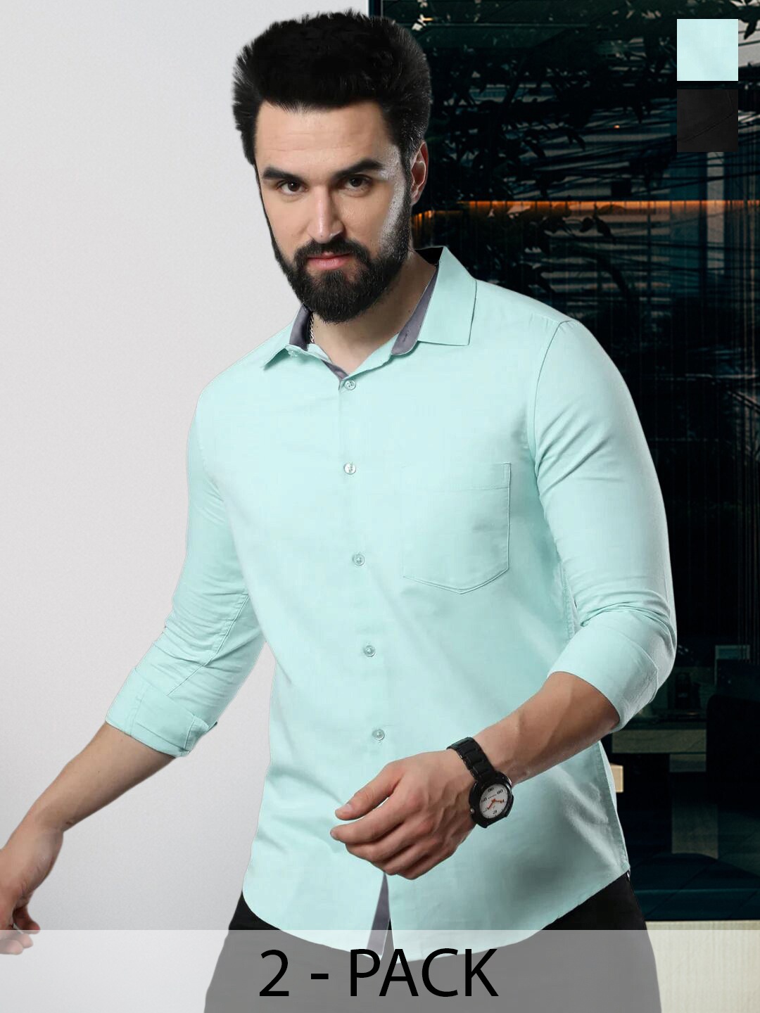 

Tee Projekt Standard Pack of 2 Spread Collar Long Sleeves Cotton Formal Shirt, Blue