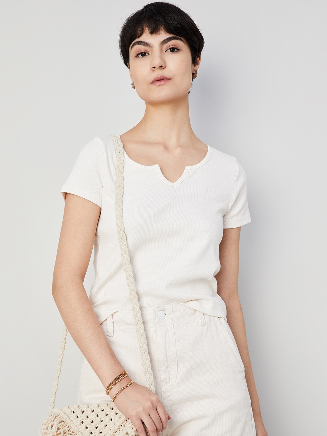 

Ginger by Lifestyle Round Neck Cotton Top, Off white