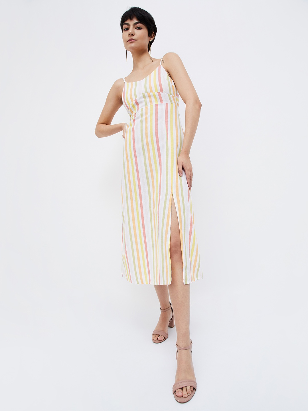 

Ginger by Lifestyle Striped Cotton A-Line Midi Dress, White