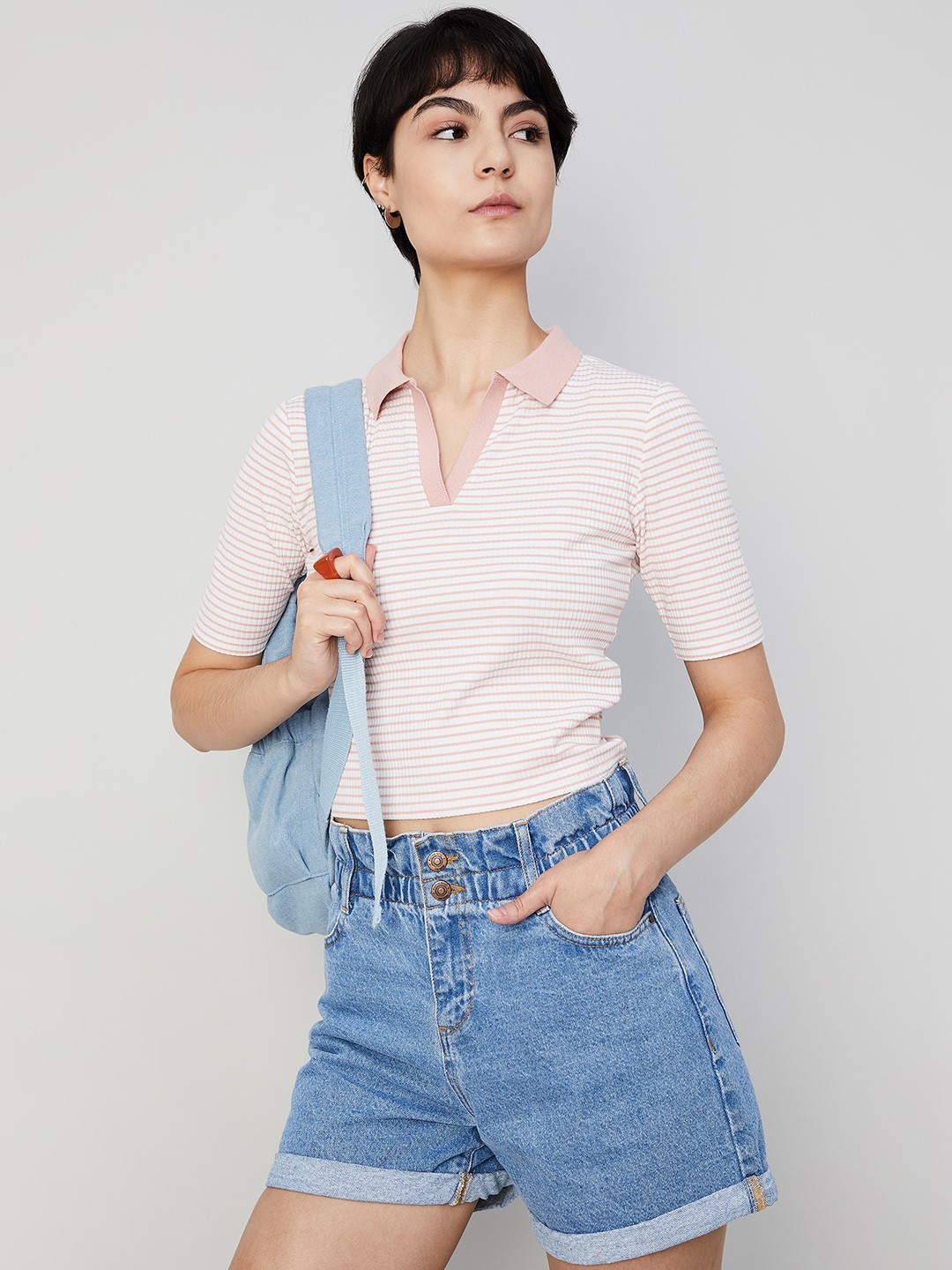 

Ginger by Lifestyle Horizontal Striped Polo Collar Crop T Shirt, Pink