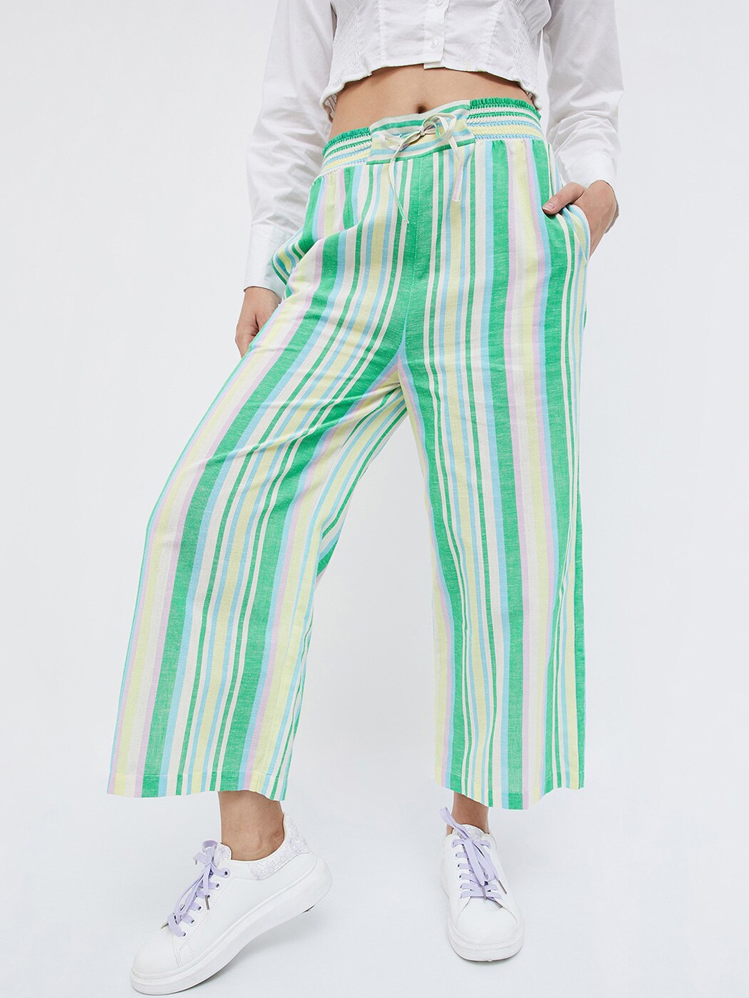 

Ginger by Lifestyle Women Striped Cotton Pleated Trousers, Green