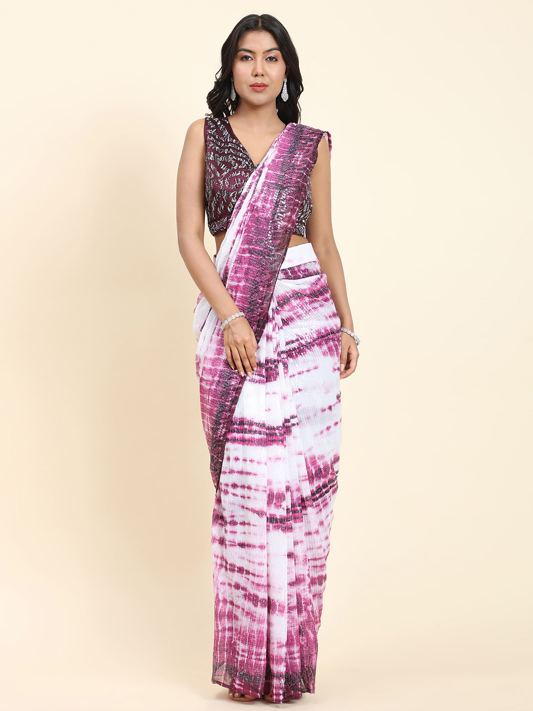 

AMOHA TRENDZ Printed Beads and Stones Ready to Wear Satin Saree, Purple