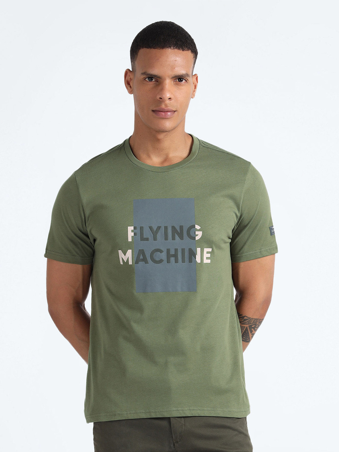 

Flying Machine Typography Printed Round Neck Regular Fit Cotton Casual T-shirt, Green