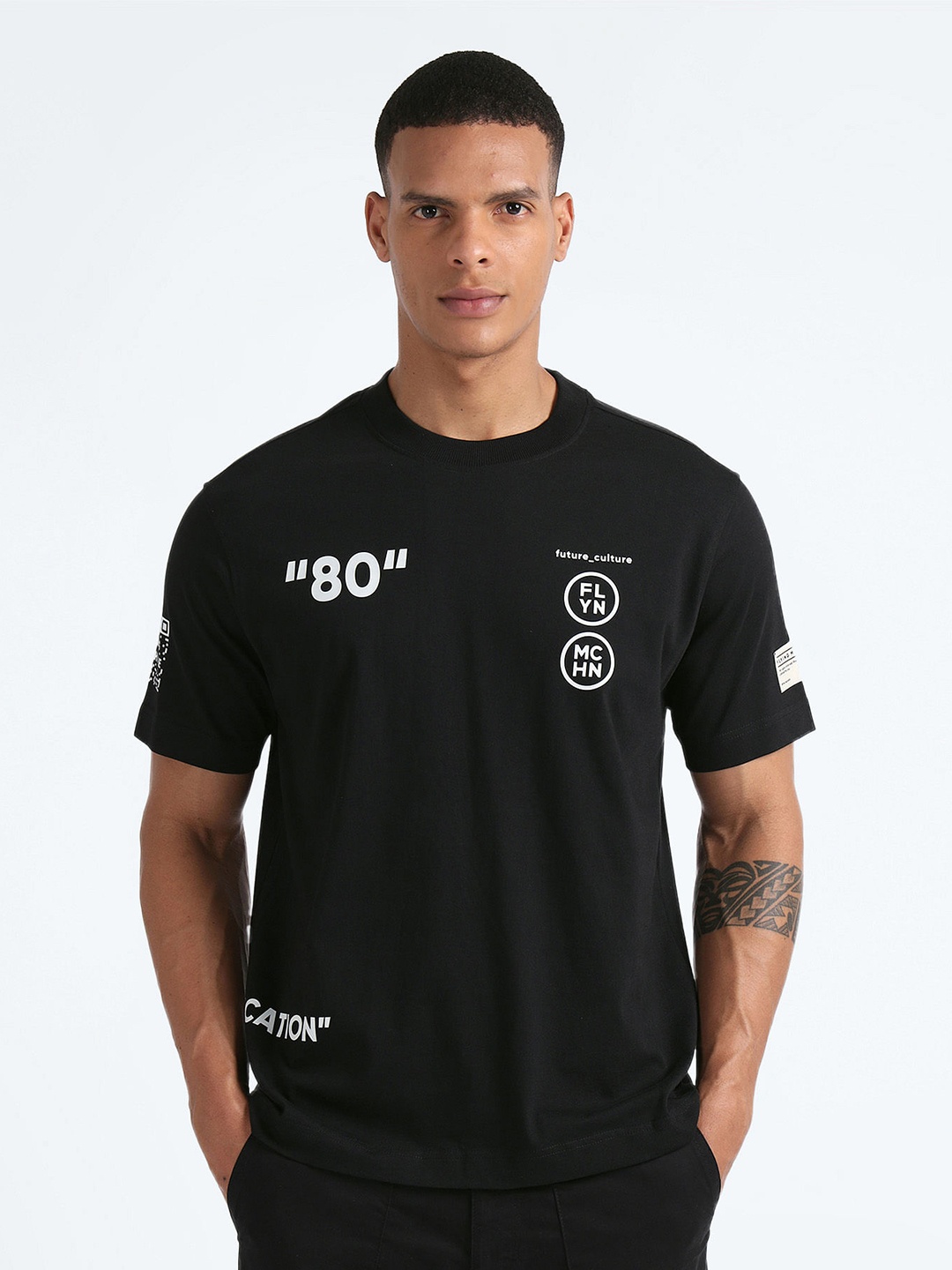 Flying Machine Typography Printed Cotton Round Neck Oversized Applique Casual T-shirt, Black