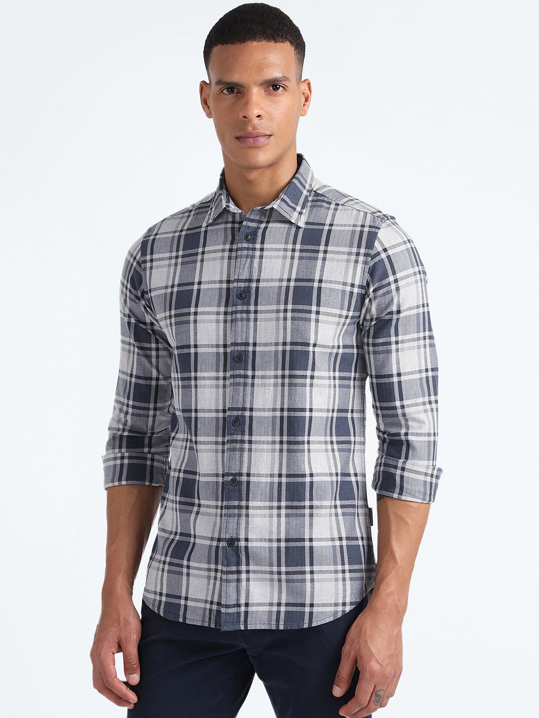 

Flying Machine Slim Fit Tartan Checked Pure Cotton Casual Shirt, Navy blue