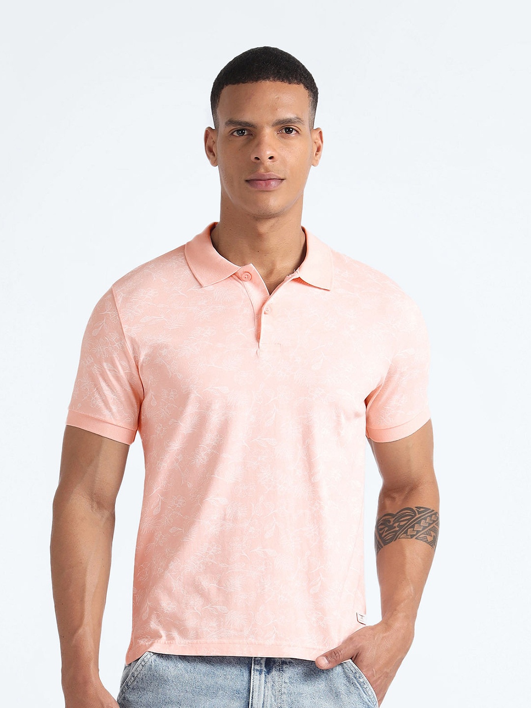 

Flying Machine Floral Printed Round Neck Polo Collar Cotton Casual T-shirt, Pink