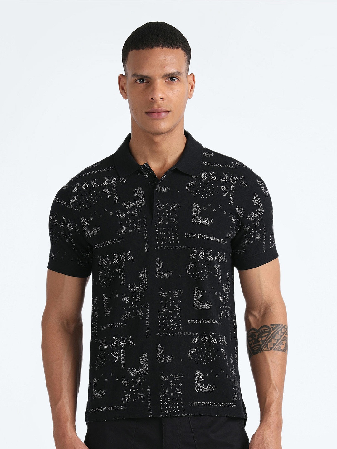 

Flying Machine Abstract Printed Polo Collar Cotton Casual T-shirt, Black