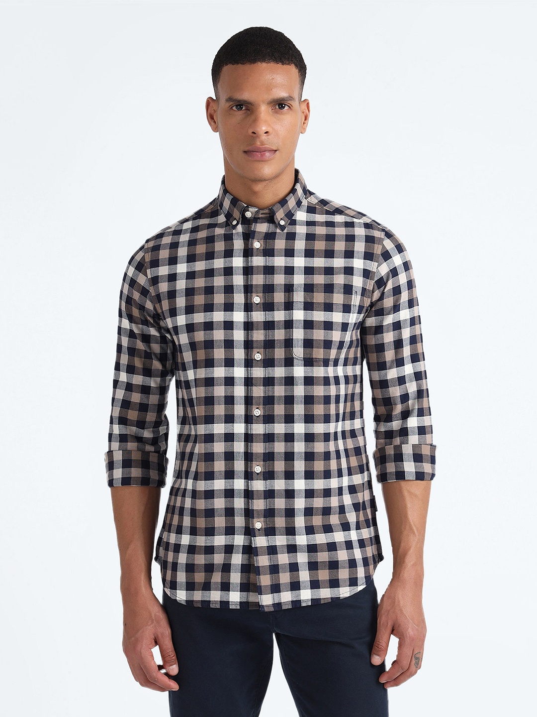 

Flying Machine Slim Fit Buffalo Checked Button-Down Collar Pure Cotton Oxford Casual Shirt, Navy blue
