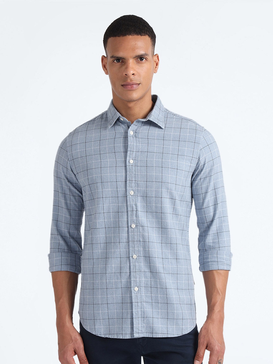 

Flying Machine Slim Fit Opaque Checked Cotton Casual Shirt, Blue