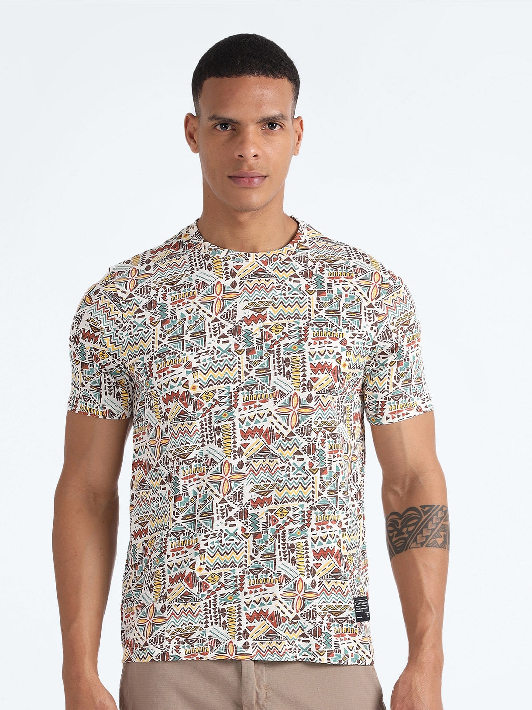 Flying Machine Typography Printed Cotton Round Neck Pockets Casual T-shirt, White