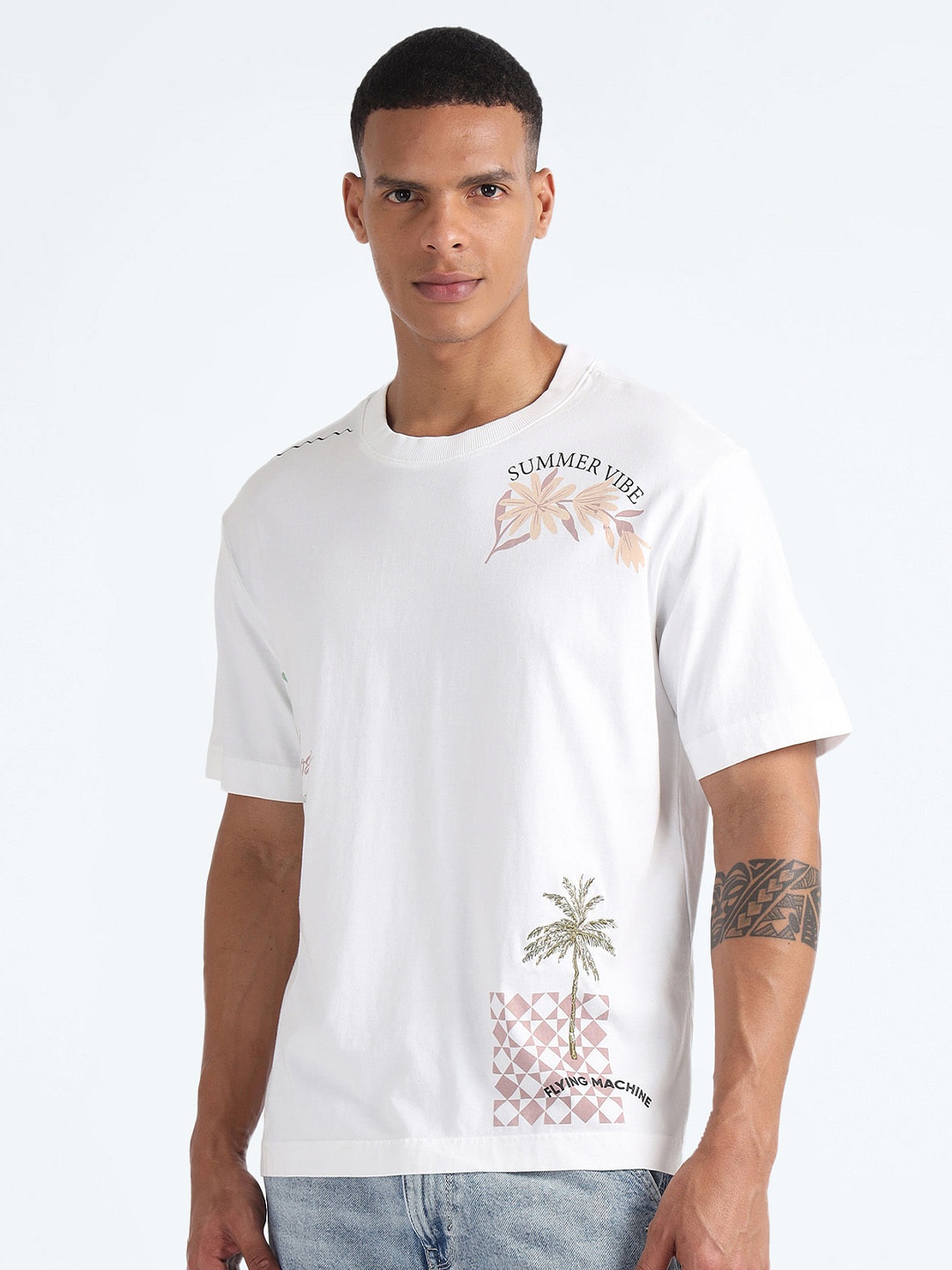 

Flying Machine Typography Round Neck Oversized Cotton Casual T-shirt, White