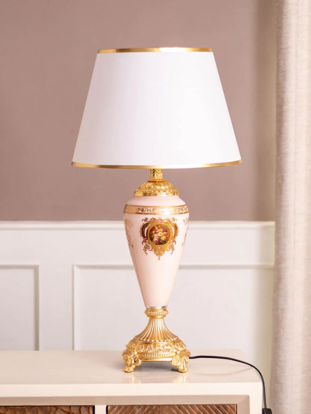 

THEDECORKART White & Gold Toned Frustum Shaped Metal Table Lamp